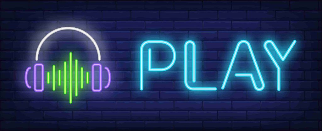 Palabra Play y auriculares con luz de neon